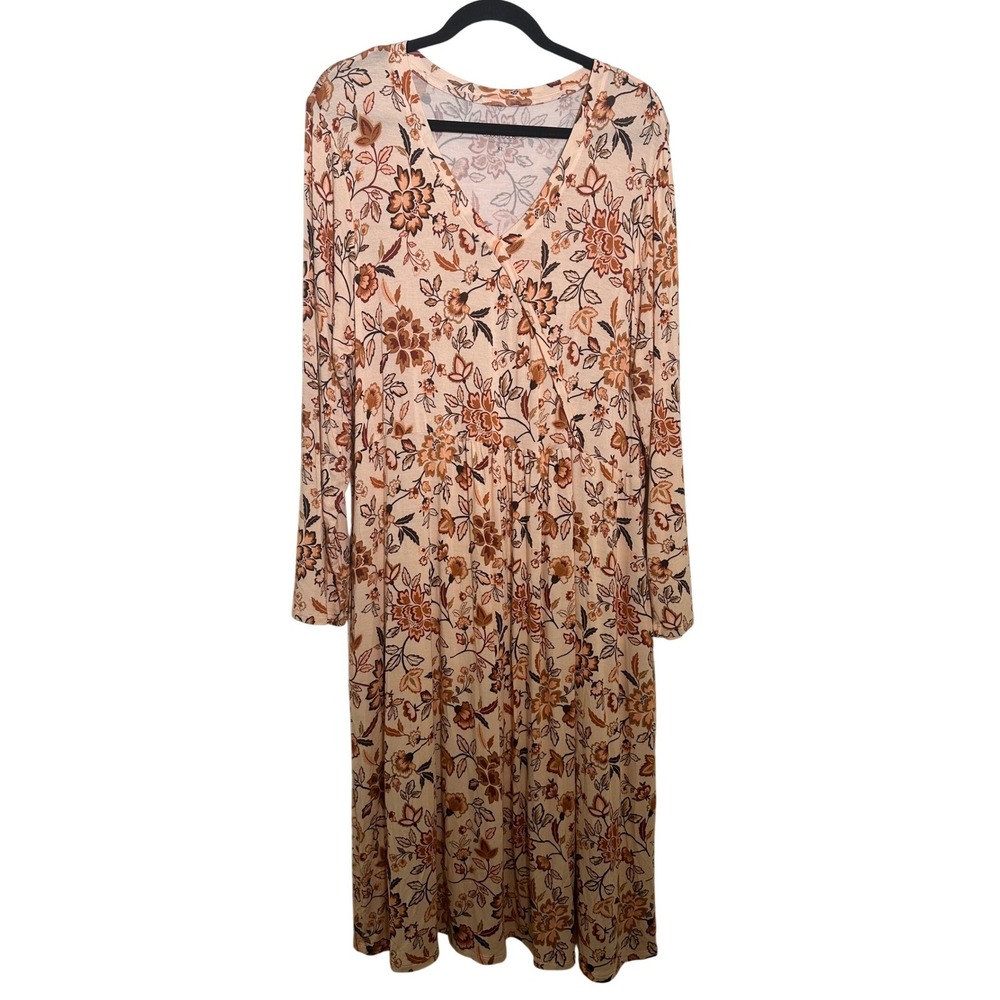 Cuddl Duds Womens XL Floral V-Neck Long Sleeve Midi Dress Cottagecore Church